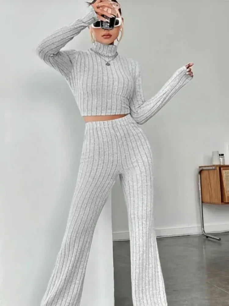 Women's Casual Solid Color Two Piece Set with Round Neck Top and Loose Pants for Autumn and Winter