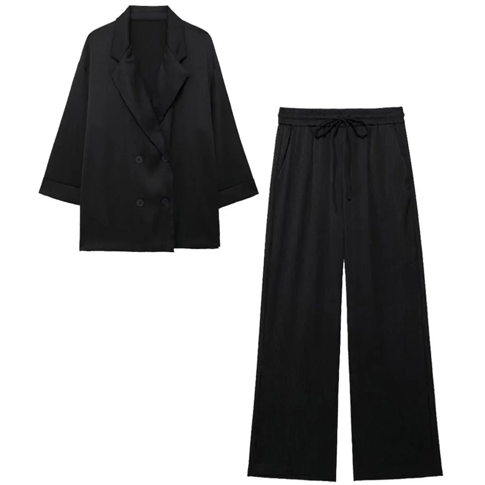 Elegant Women Blazer Pant Suit Set with Wrinkle Effect Double Breasted Long Sleeve Coat and Straight Trouser for Office Wear