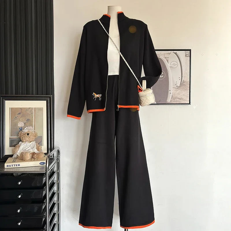 Autumn Embroidery Women Two-Piece Knit Set with Stand Collar Cardigan Sweater and High Waist Straight Pants