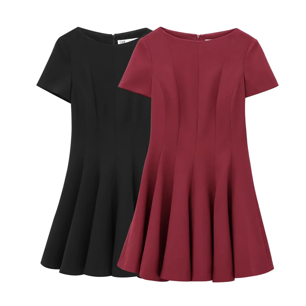 Elegant Wave Hem Swing Dress For Women Round Neck Casual