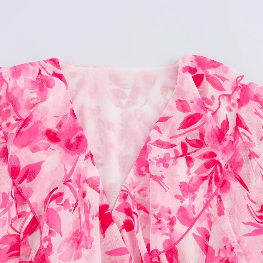 Casual V Neck Printed Belted Long Sleeve Dress For Women