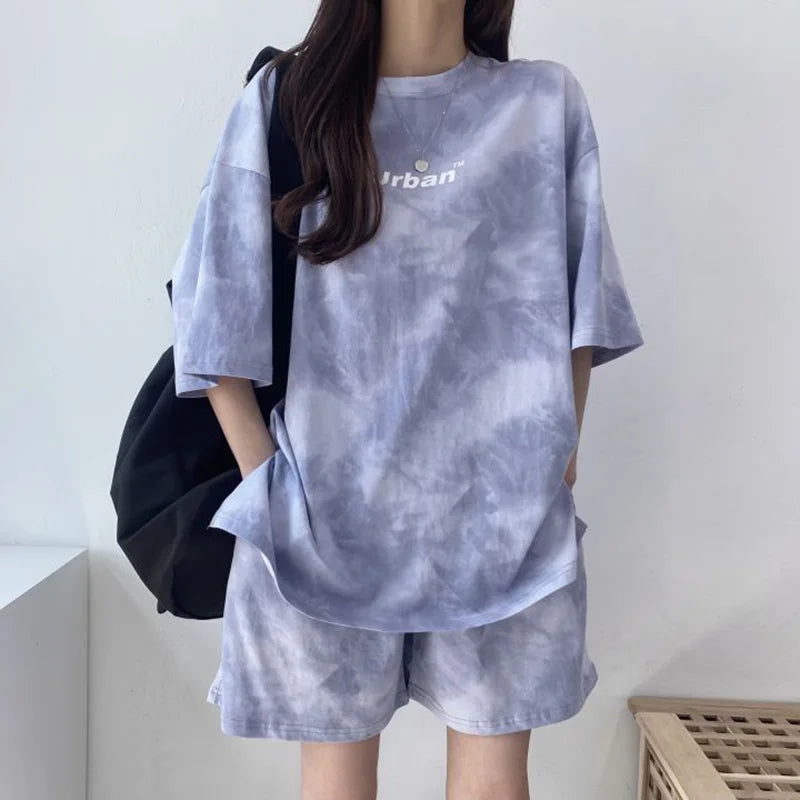 2Piece Women's Tie Dye T-Shirt and Wide Leg Shorts Set Casual Loose Fit Soft Summer Outfit with Pockets