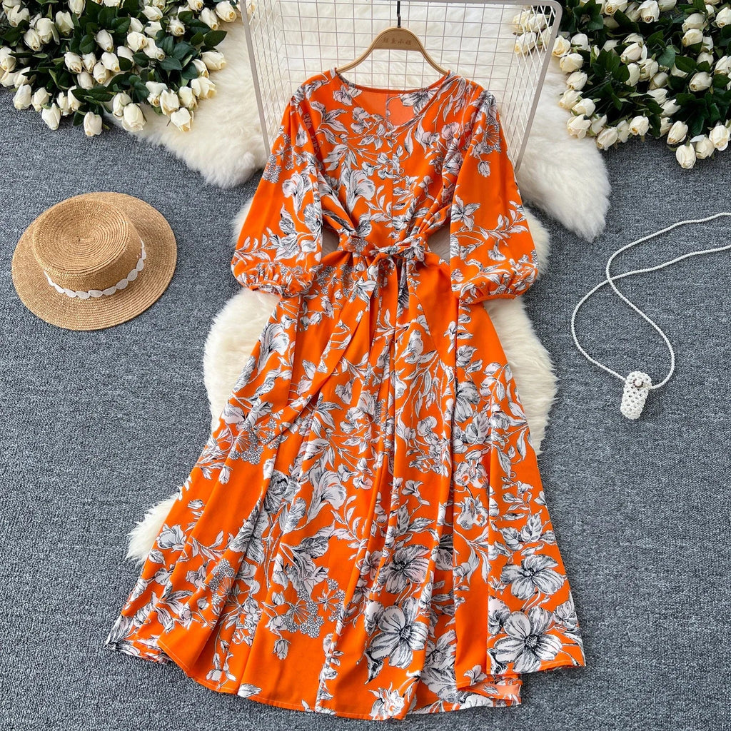 Boho Floral Print Pleated Maxi Dress With Puff Sleeves Belt