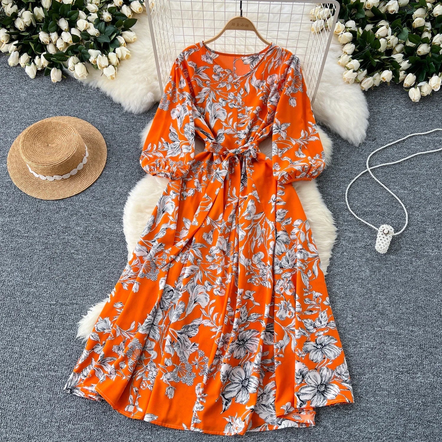 Boho Floral Print Pleated Maxi Dress With Puff Sleeves Belt