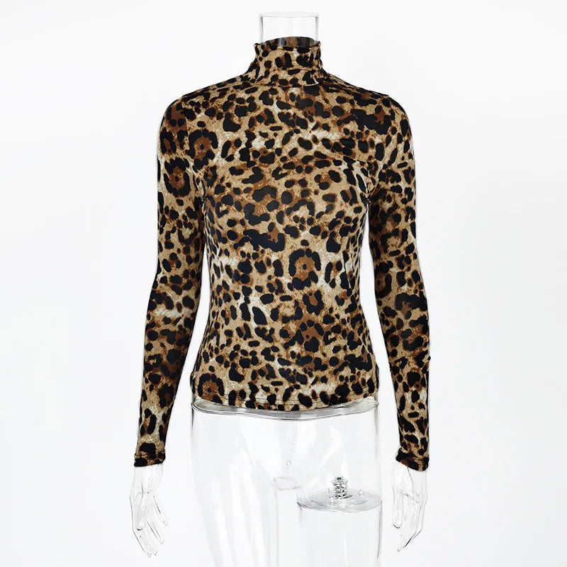 Women Leopard Print Long Sleeve Turtleneck Crop Top Casual Slim Ice Silk Tee