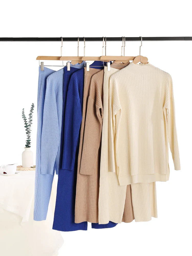 Cozy Knitted Two-Piece Women's Tracksuit Set Featuring Half Turtleneck Sweater and Wide Leg Jogger Pants for Autumn and Winter