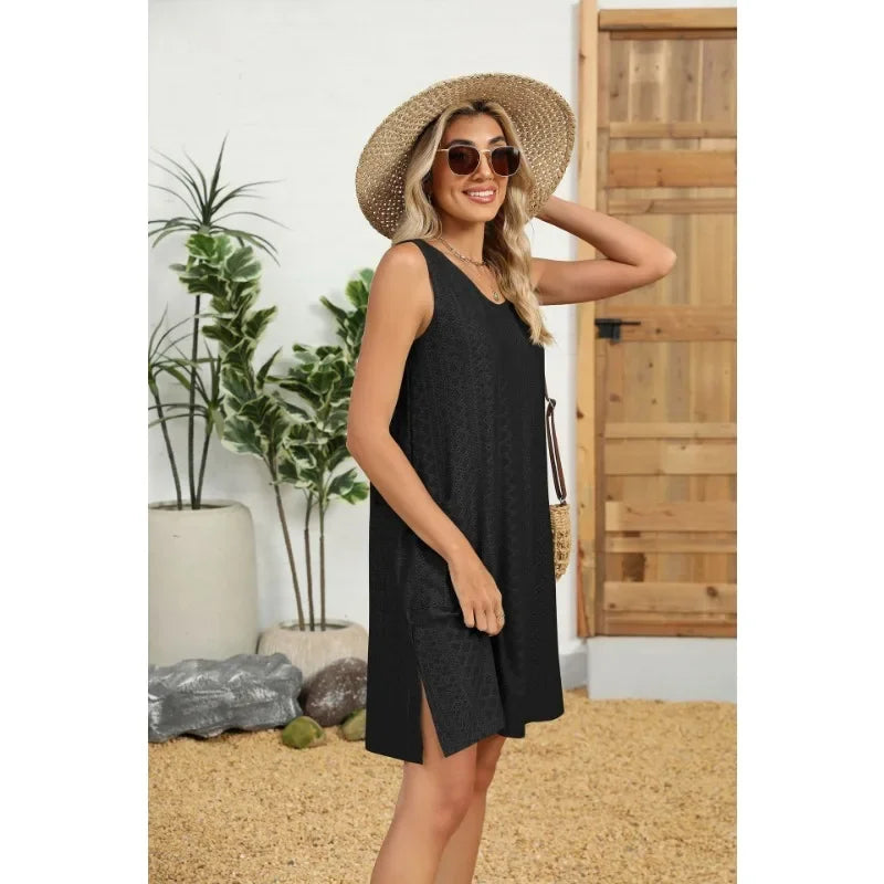 Loose Sleeveless Dress With Pockets Round Neck Solid Color
