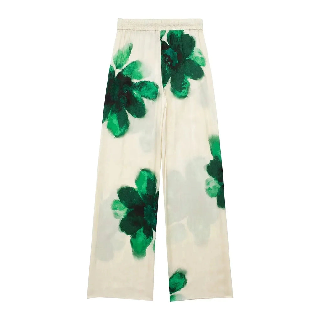 Elegant Floral Print Two-Piece Suit for Women Long Sleeve Lapel Blouse and Drawstring Wide Leg Pants Casual Summer Outfit