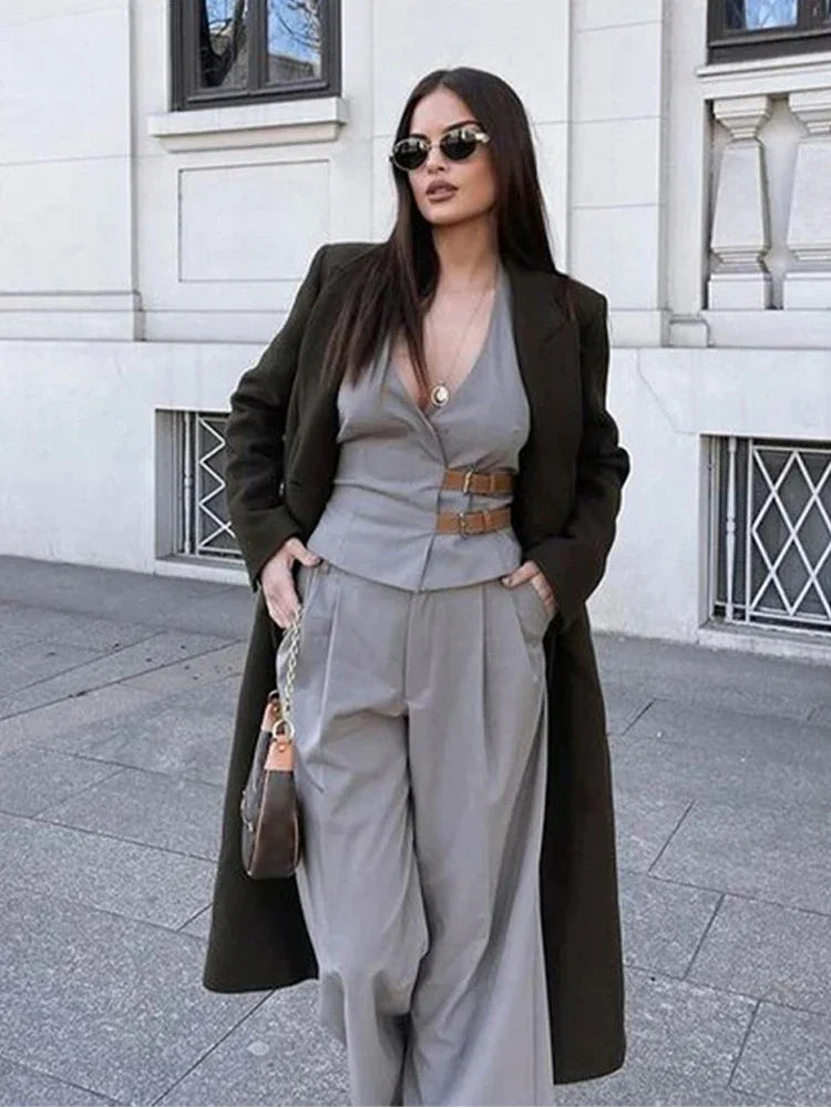 Women's Two-Piece Suit Set with Belt Halter V-Neck Top and High-Waisted Pleated Pants