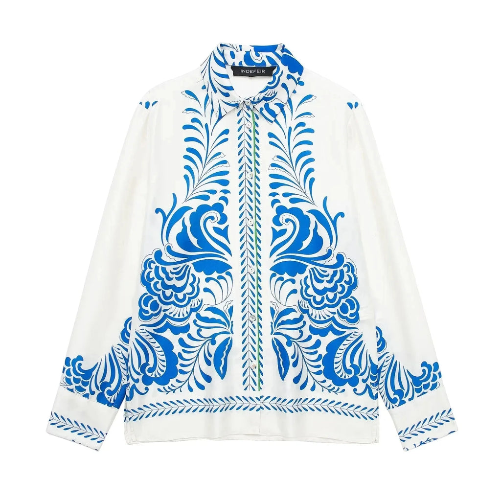 Women's Vintage Printed Casual Set with Long Sleeve Blouse and Straight Leg Pants