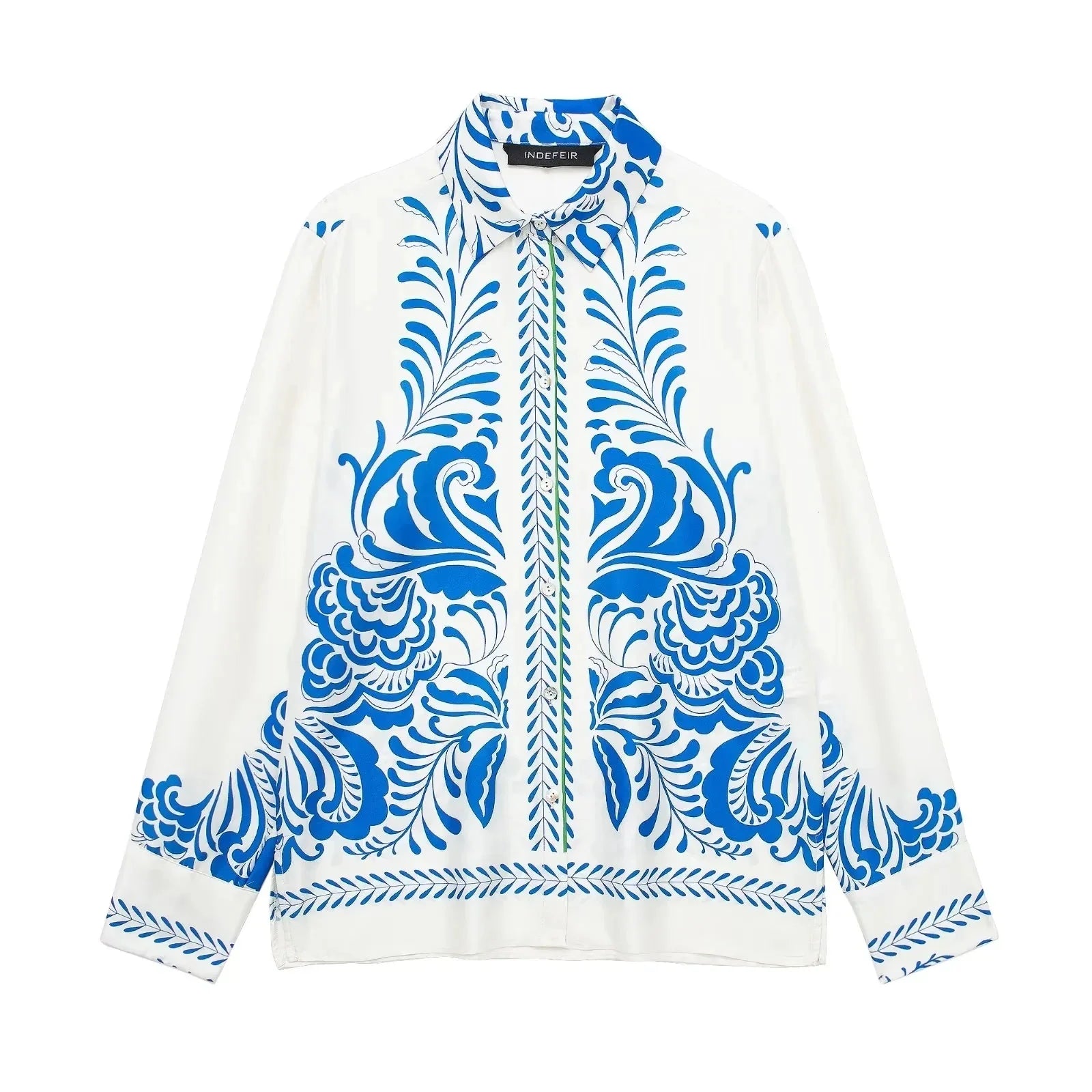 Women's Vintage Printed Casual Set with Long Sleeve Blouse and Straight Leg Pants