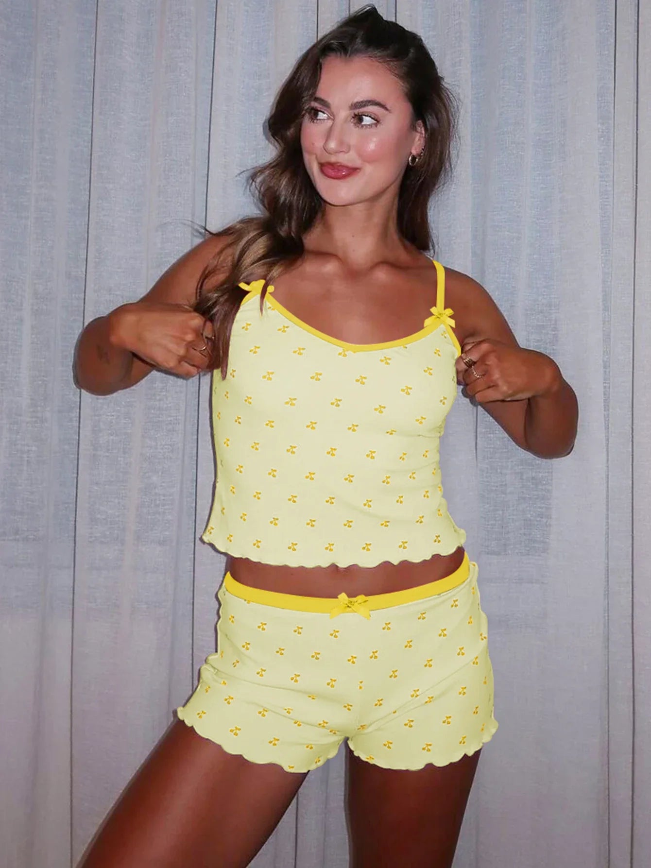 Cherry Print Two-Piece Matching Set with Slim Crop Camisole Top and Bow-Accent Shorts Summer Casual Festival and Workout Outfit for Women