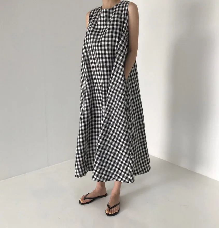 Vintage Plaid Tank Dress for Women High Waist O Neck