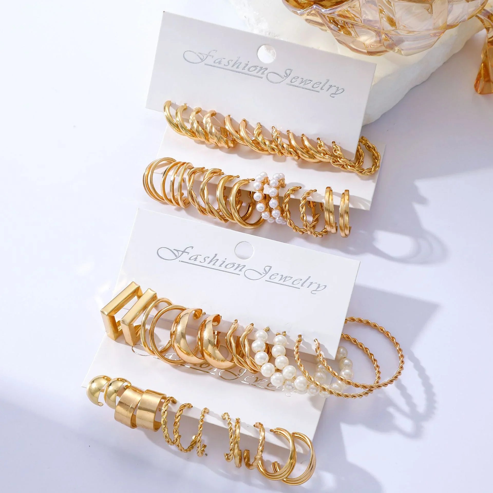 48 Pcs Boho Big Circle Hoop Earrings Set for Women with Gold Color Vintage Pearl and Heart Zircon Ear Studs Jewelry Gifts