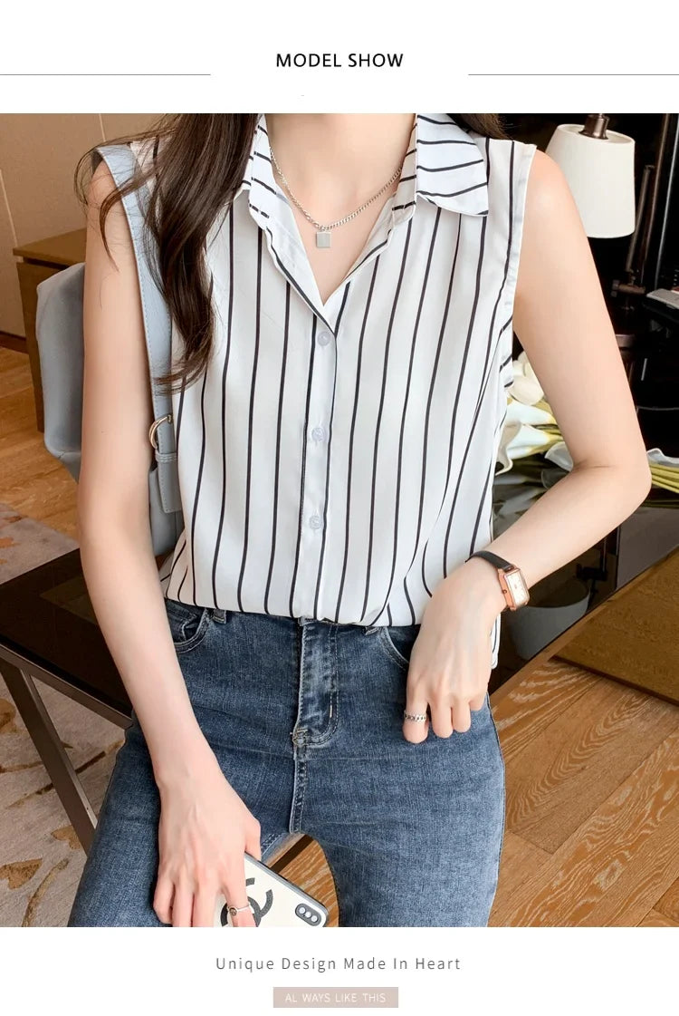 Striped Sleeveless Chiffon Blouse for Women Summer Vest Casual Lightweight Tops Basic White Shirt