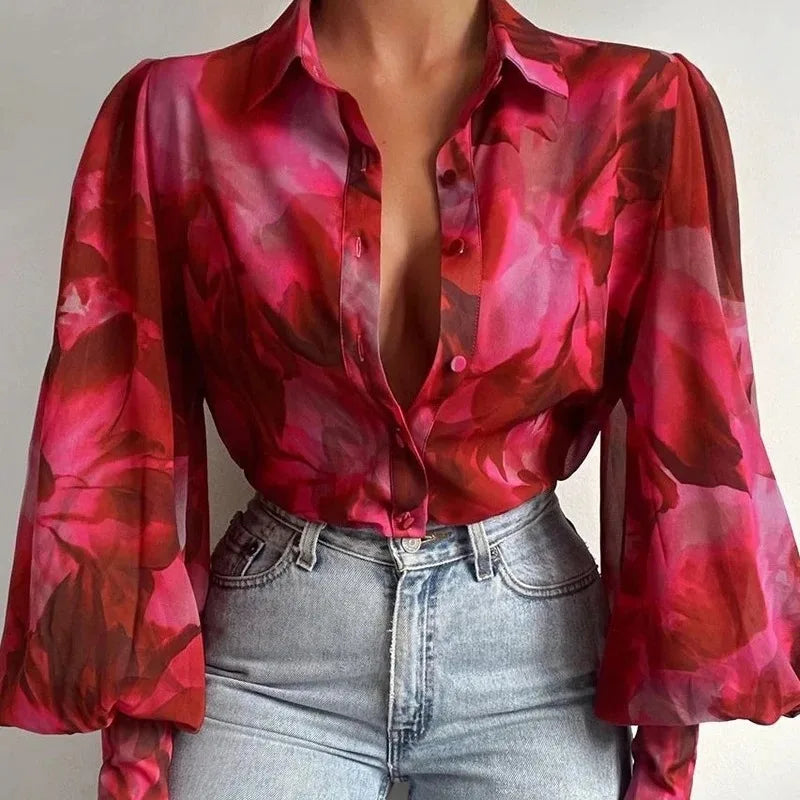 Charming Fashion Lapel Lantern Sleeve Blouse Vintage Floral Print Button Up Long Sleeve Shirt for Office and Casual Wear
