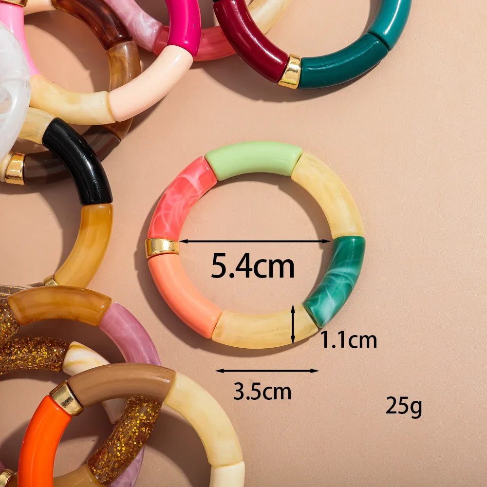 Boho Chunky Bamboo Stackable Bracelet for Women with Colorful Tube Beads and Elastic Design