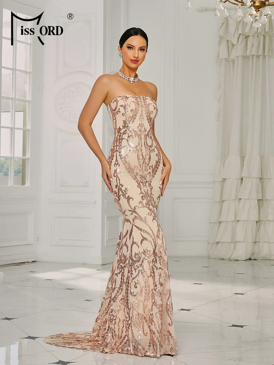 Strapless Sequin Mermaid Dress For Evening Wedding Party