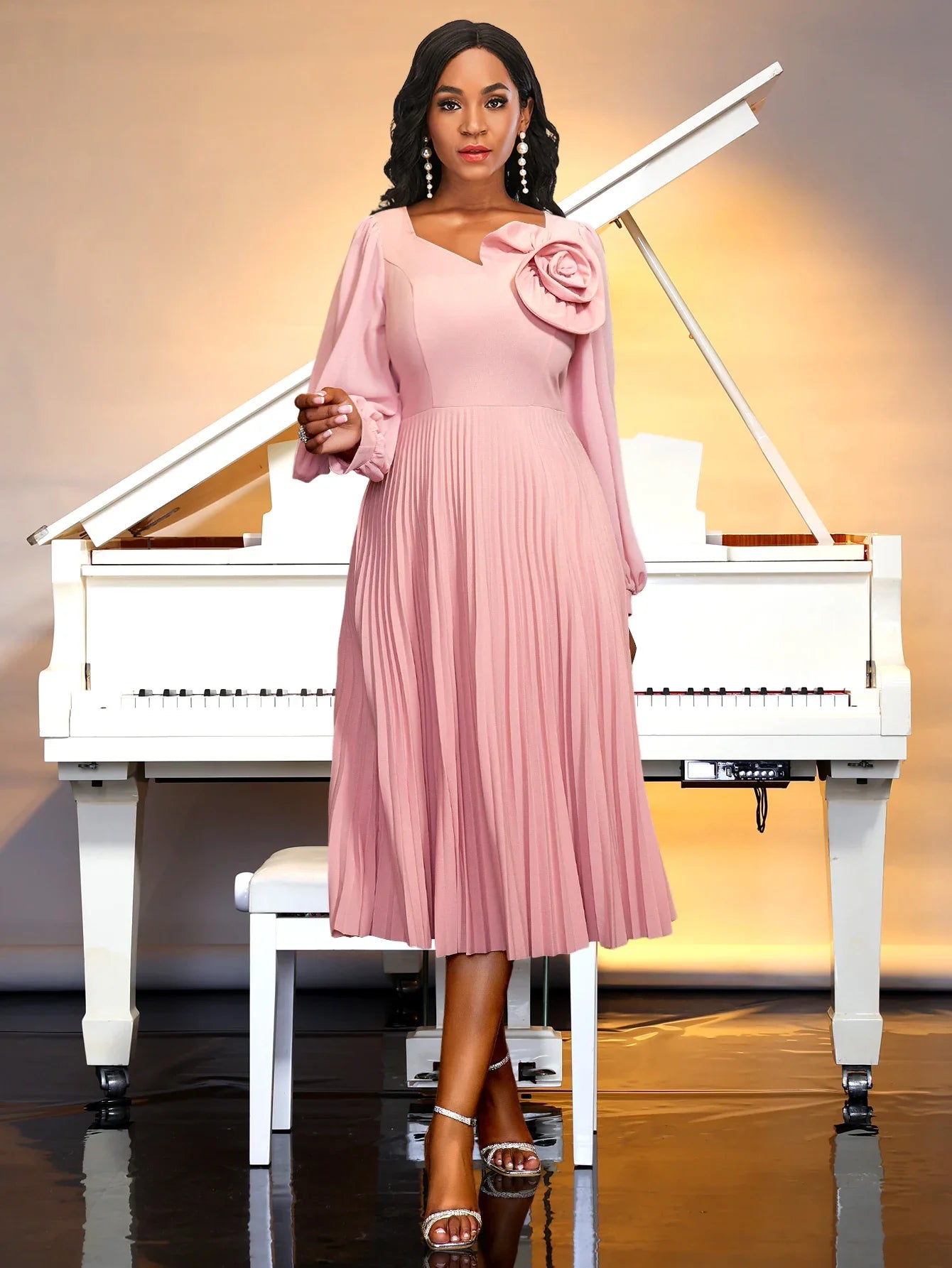 Pink Bubble Sleeve Dress 3D Flowers O Neck Pleated Maxi