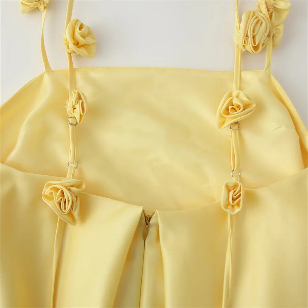 Three Dimensional Flower Satin Strap Skirt For Casual Wear