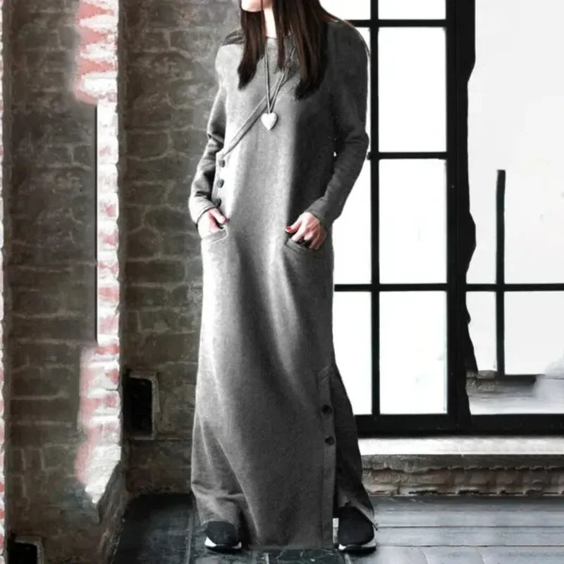 Women Winter Warm Maxi Dress With Fleece Lining Long Sleeve