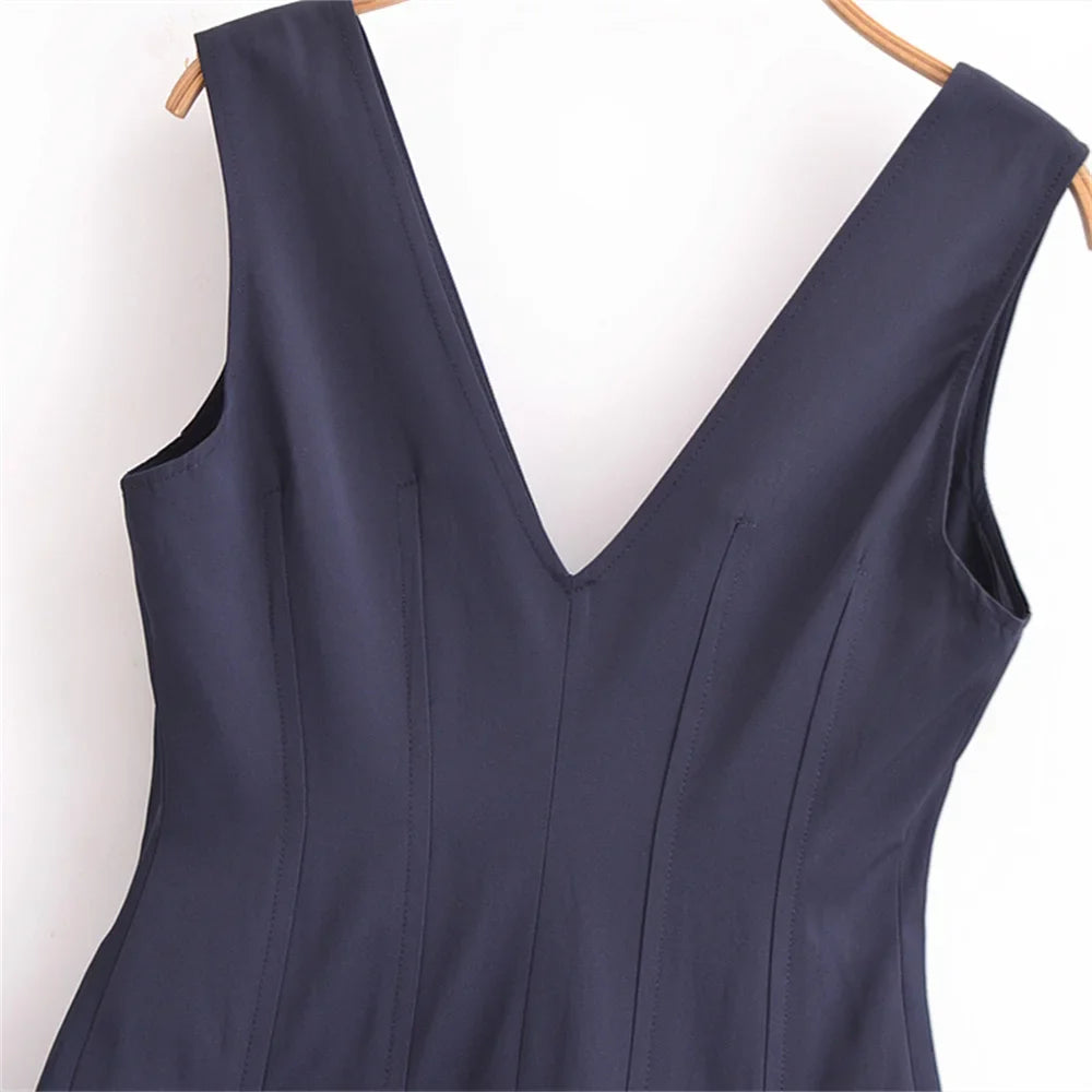 Zipper V Neck Midi Dress For Women Solid Color Casual Wear