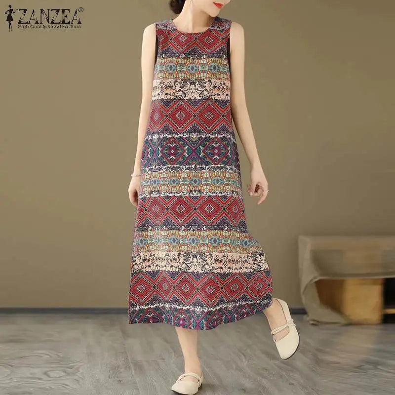 Bohemian Floral Print Sleeveless Midi Dress For Summer