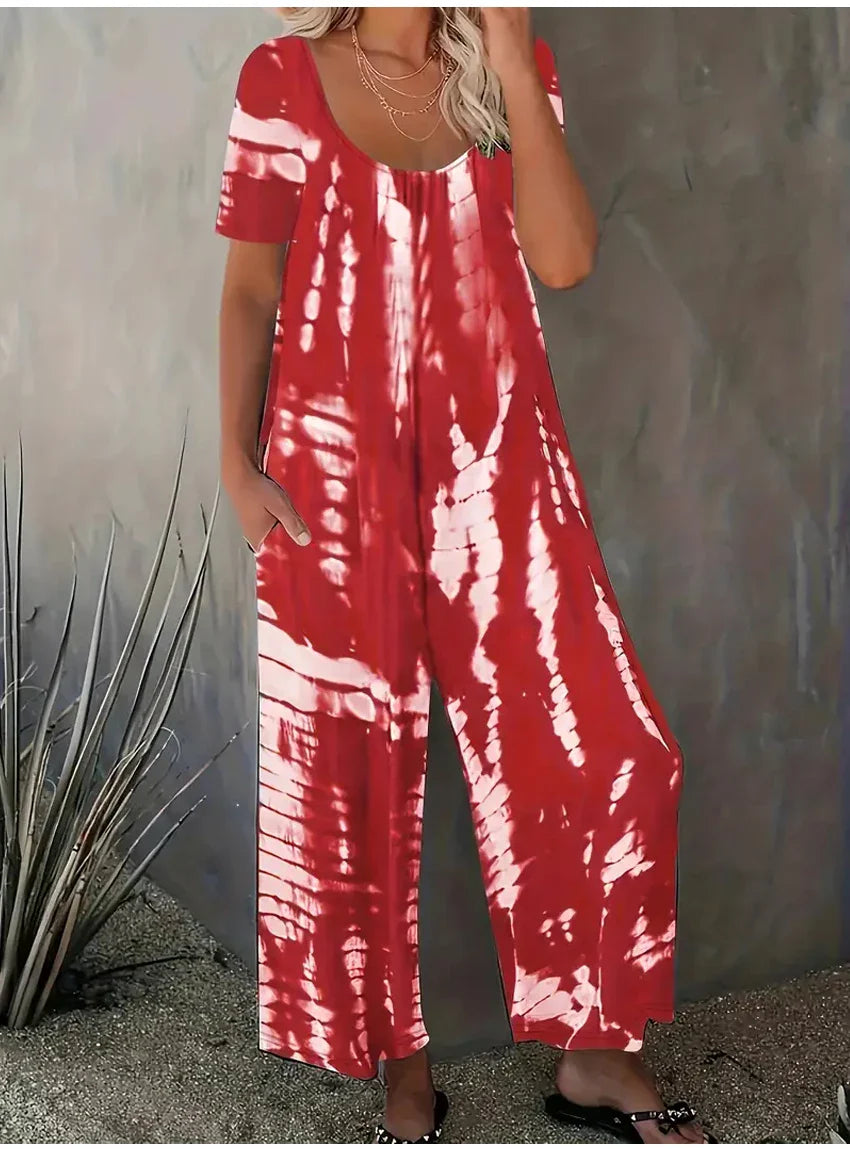Plus Size Women Summer Jumpsuit Allover Print Wide Leg Short Sleeve Round Neck Relaxed Fit with Pockets Comfortable Casual Outfit