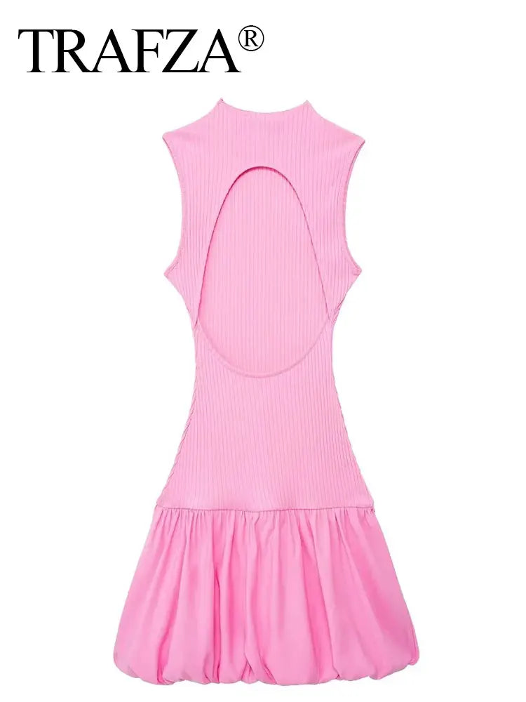 Pink Backless Mini Dress With Turtleneck Sleeveless Party