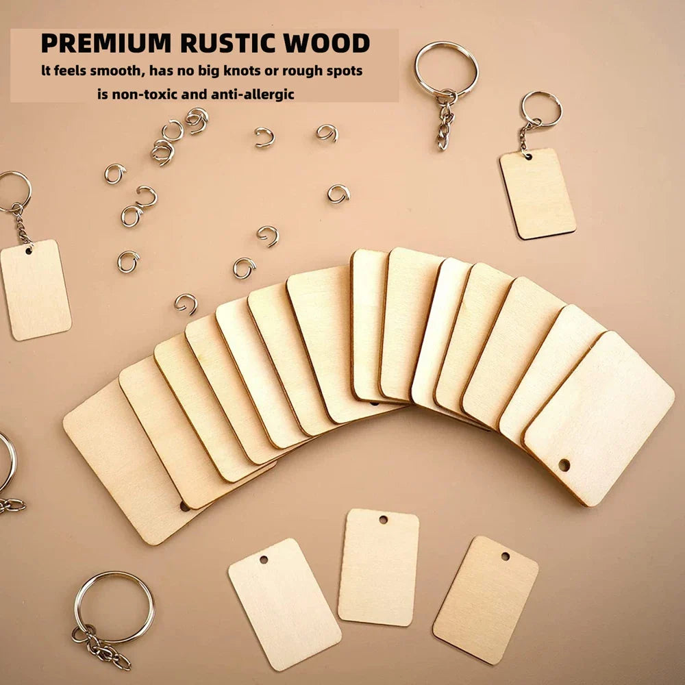 30 Piece Wooden Keychain Blanks Set with Rectangle and Round Ornaments for DIY Crafts