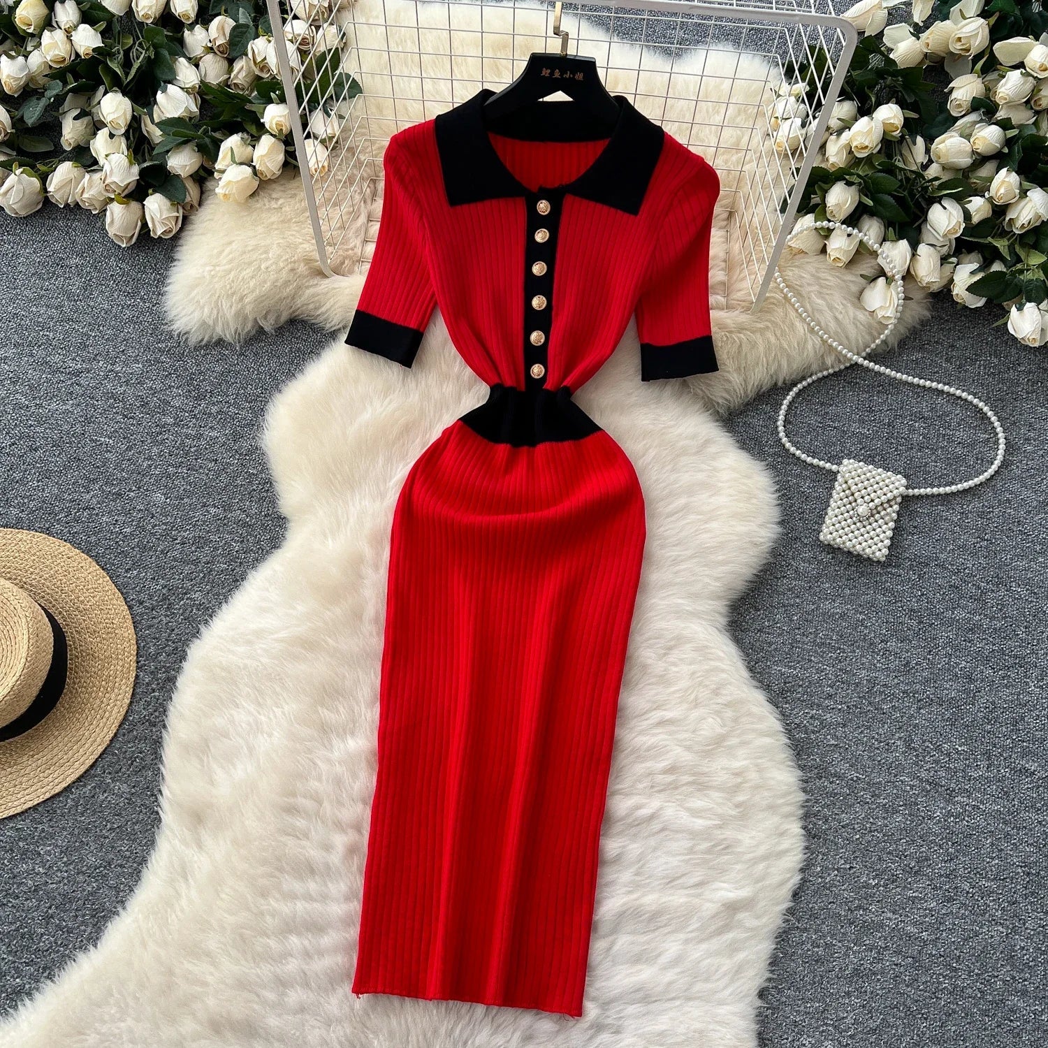 Patchwork Knitted Polo Collar Dress For Women Spring Summer