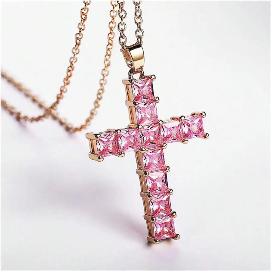 Gold Multi Color Crystal Cross Pendant Necklace for Women - Fashionable Statement Jewelry for Parties and Leisure