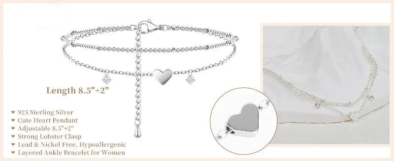 925 Silver Plated Heart Charm Anklet with Cubic Zirconia Dainty Layered Chain Jewelry for Women