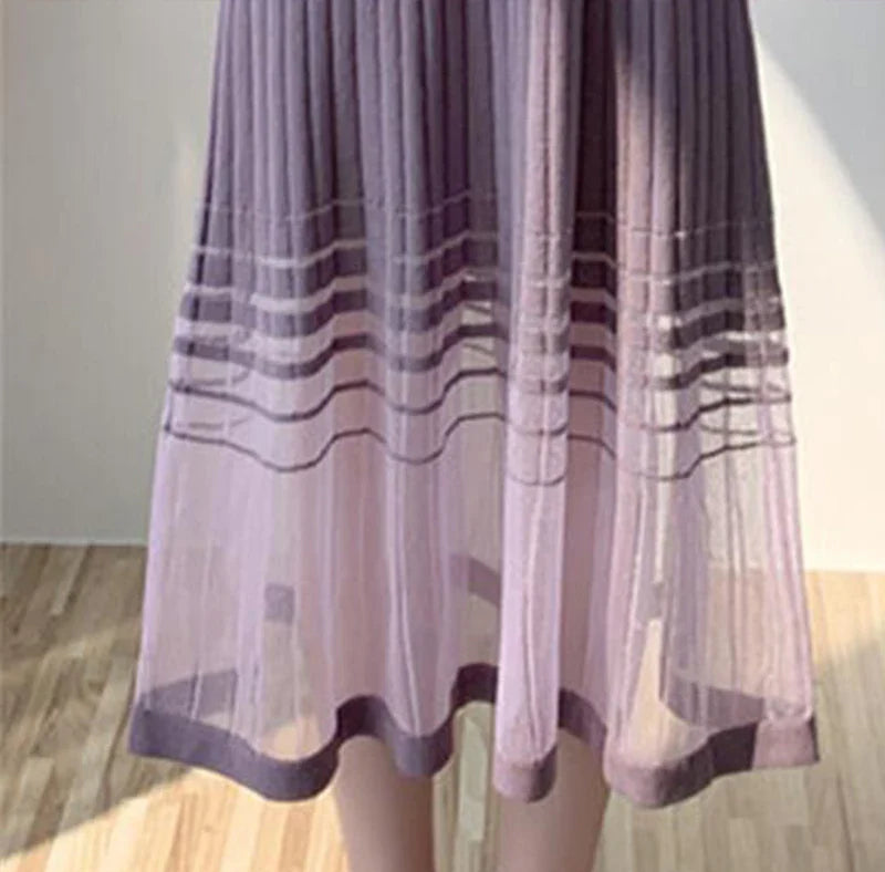 Striped Midi Dress Mesh Korean Patchwork Spaghetti Strap