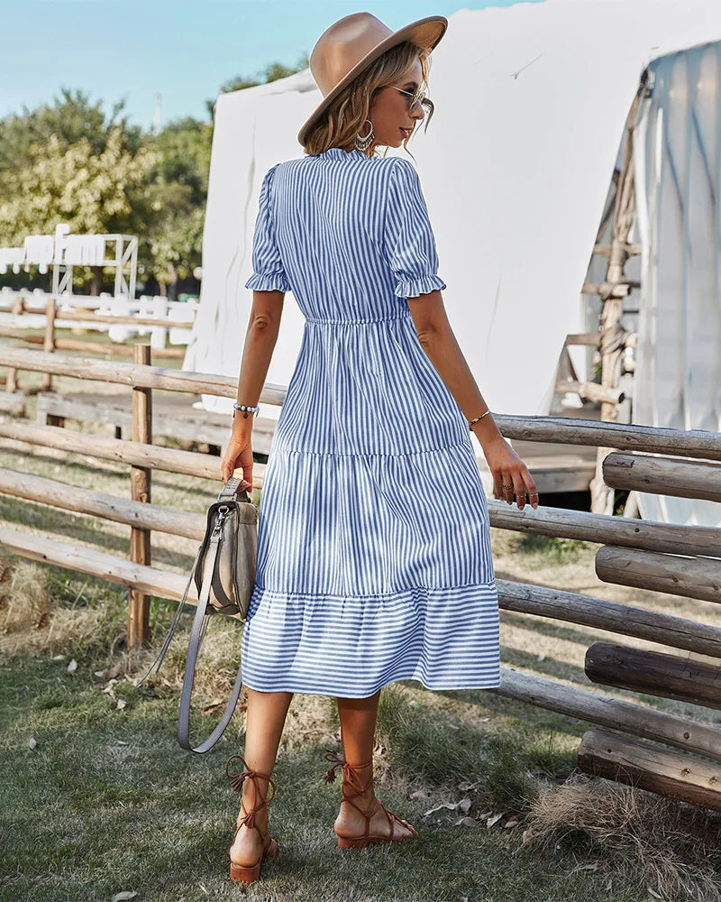 Striped Lantern Sleeve Midi Dress With V Neck Ruffles
