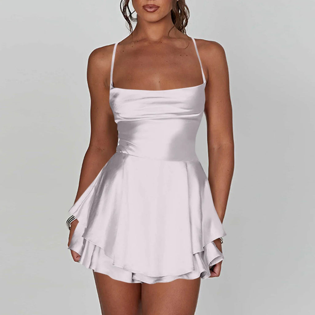 Backless Satin Party Dress With Cowl Neck Spaghetti Straps