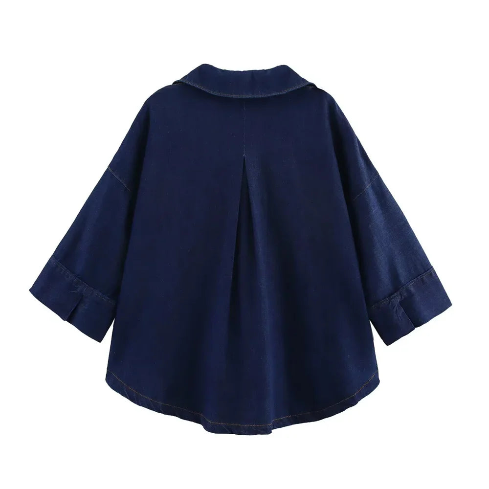 Women Denim Set Loose Fit Button Down Shirt and Wide Leg Pants Casual Outfit