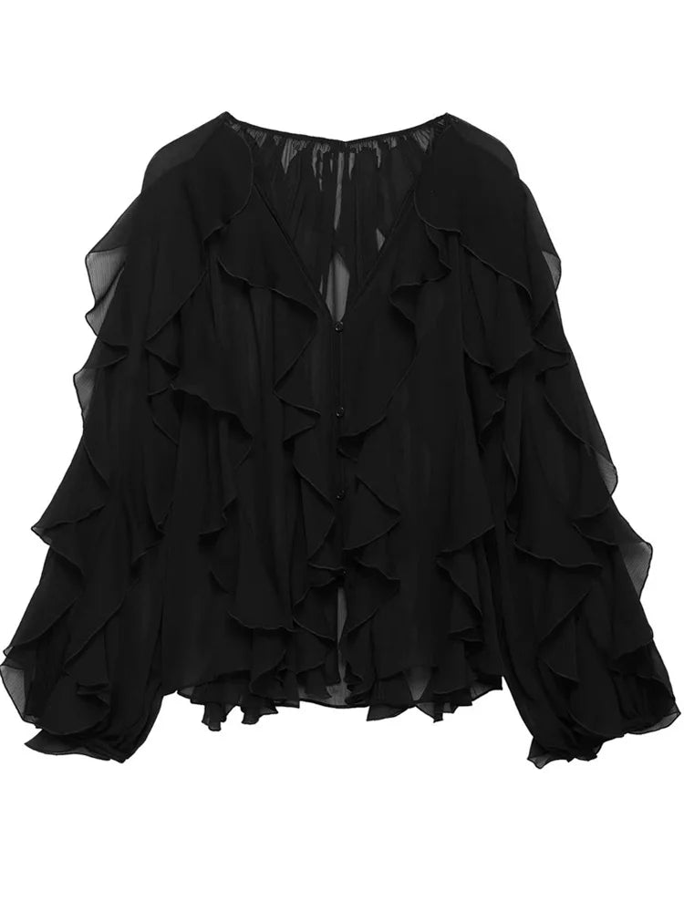 Women's Burgundy Ruffle Layer Casual Blouse Long Sleeve Loose Fit Button-Front Shirt High Street Fashion Top