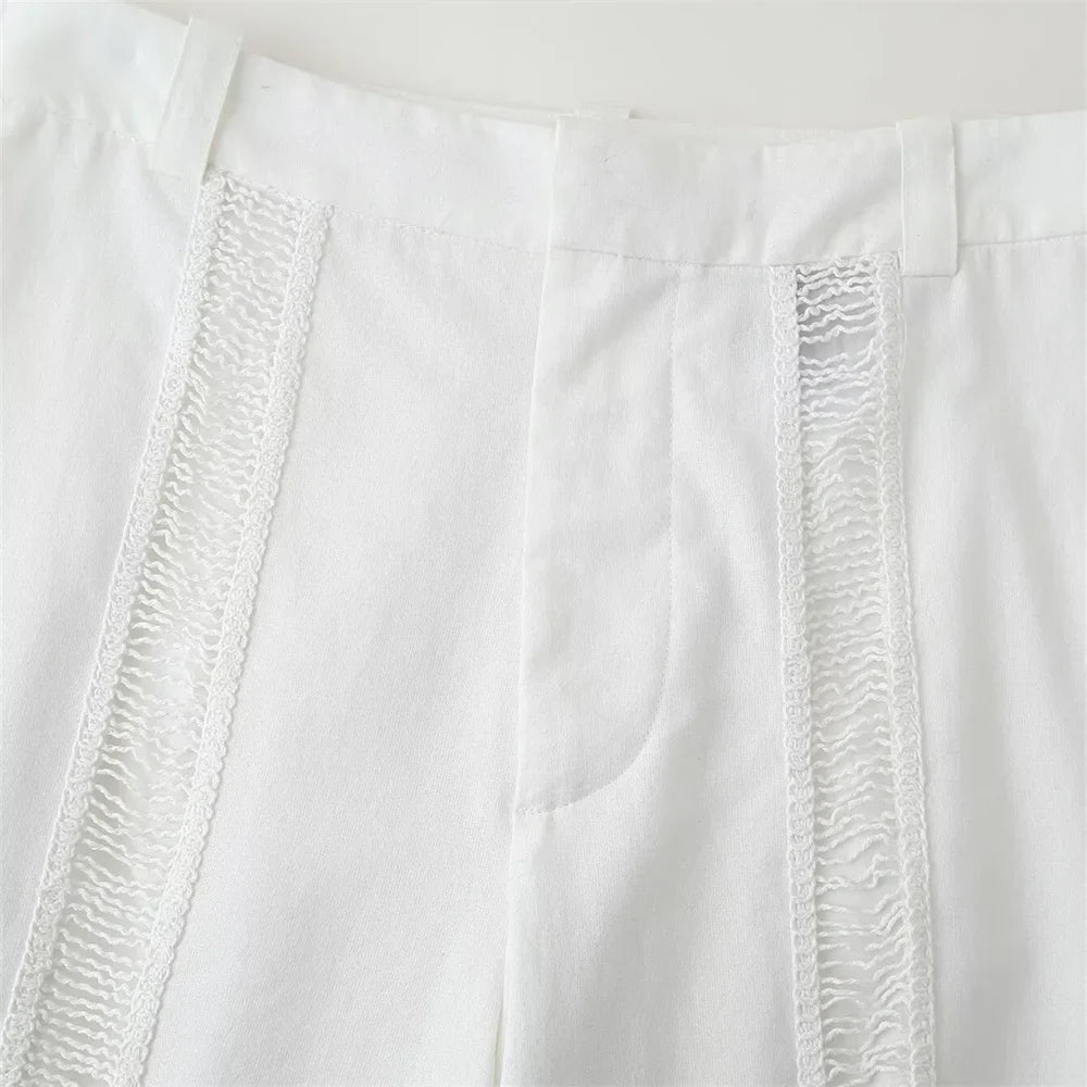 Versatile Women's Crochet Long Sleeve Lapel Shirt and Straight Leg Casual Pants Fashion Set