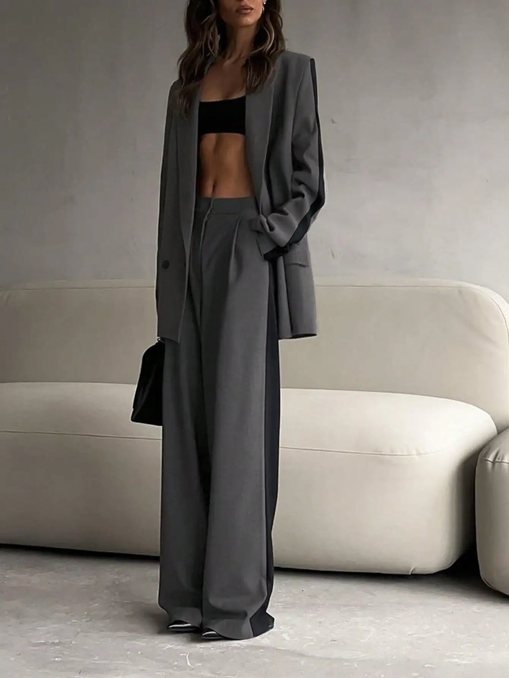 2 Piece Women's Business Suit Set with Contrast Color Blazer and Elastic Waist Straight Leg Pants for Elegant Office Style
