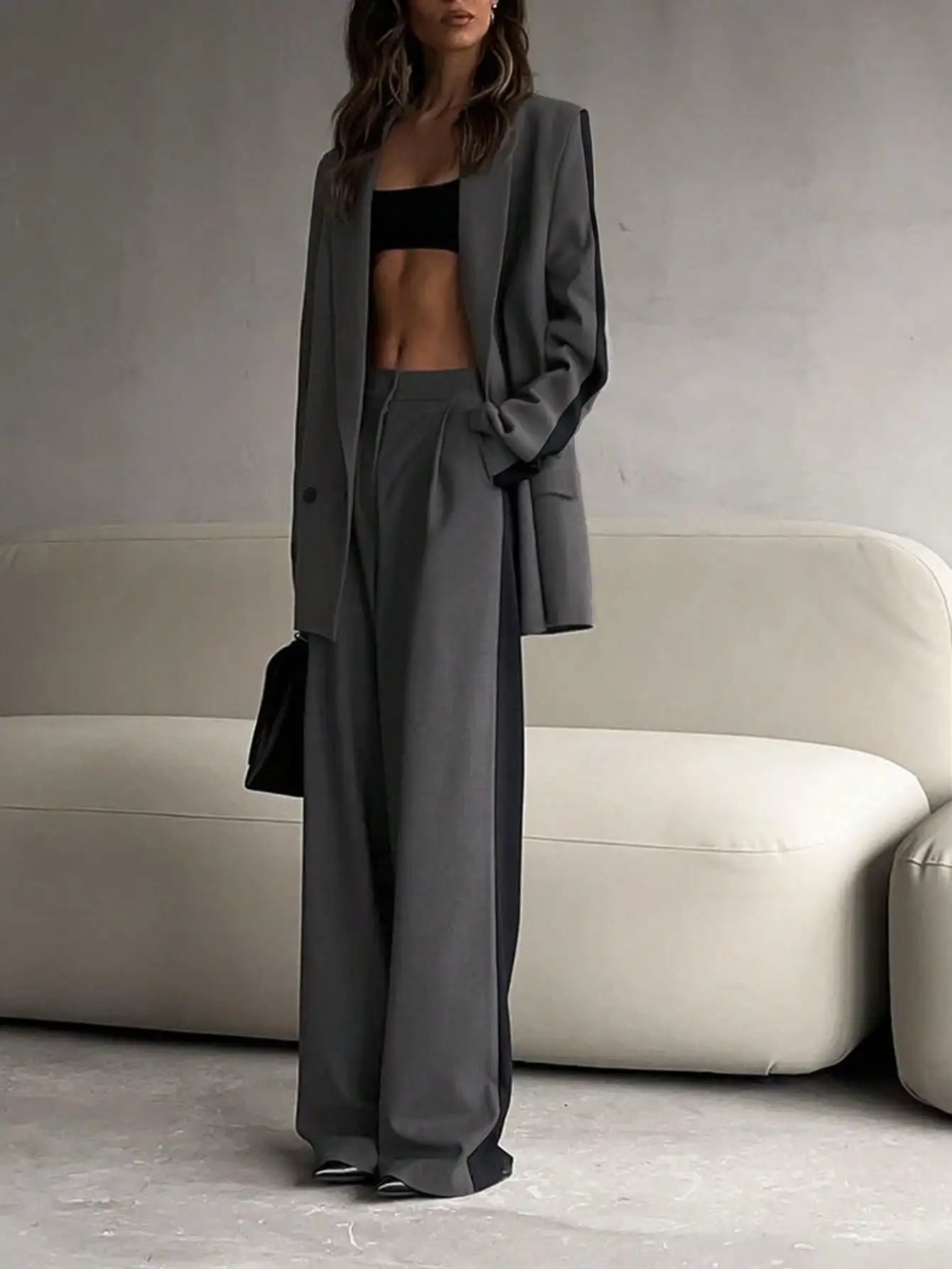 Women's Business Blazer and Elastic Waist Pants Set for Office