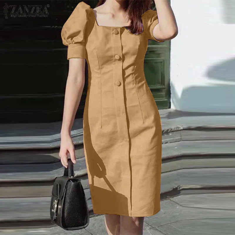 Puff Sleeve Square Collar Sheath Dress For Women Summer