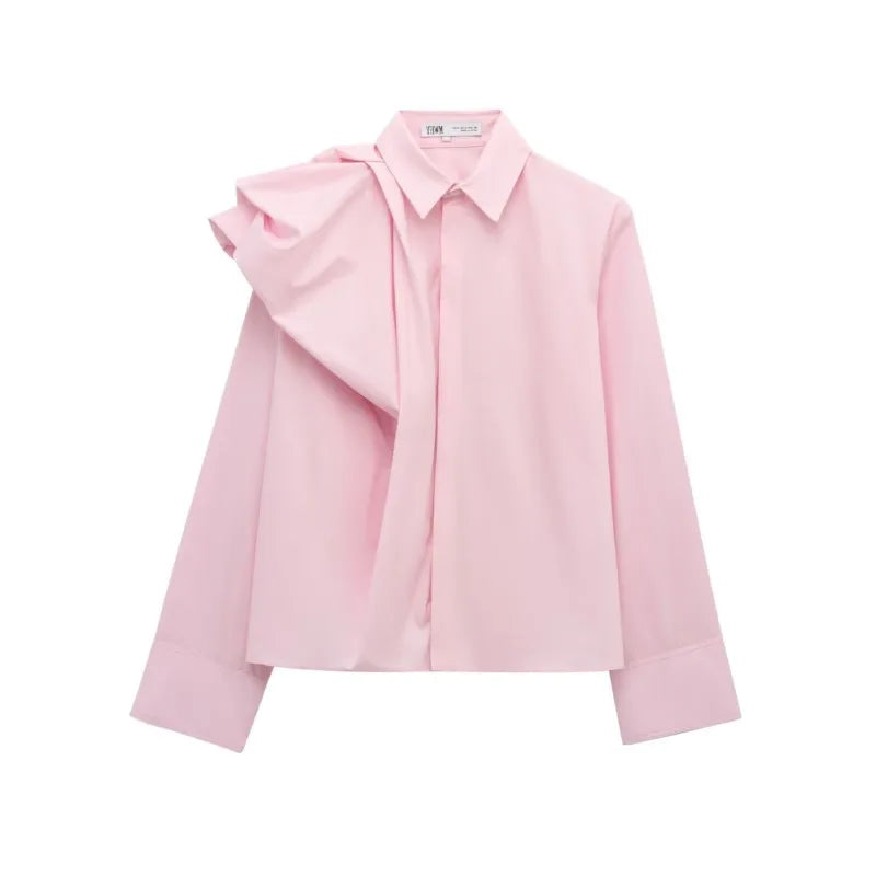Women Poplin Shirt with Volume Shoulder Long Sleeve Pleated Cuffs Casual Cotton Blouse for Spring Party and Everyday Wear