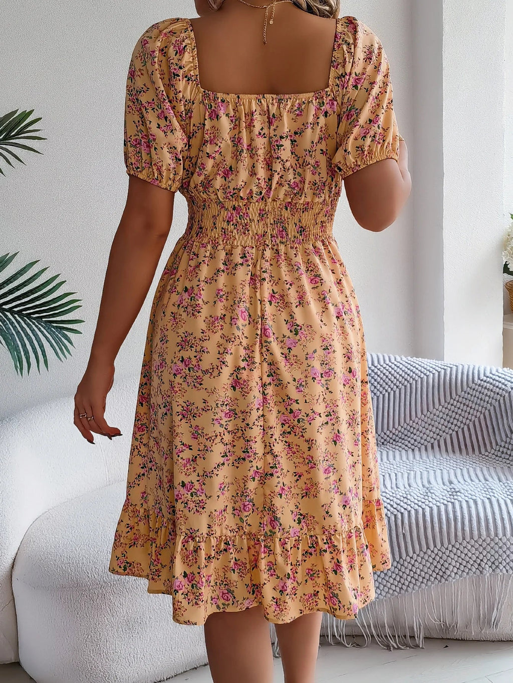 Floral Print Square Neck Dress With Shirred Waist Detail