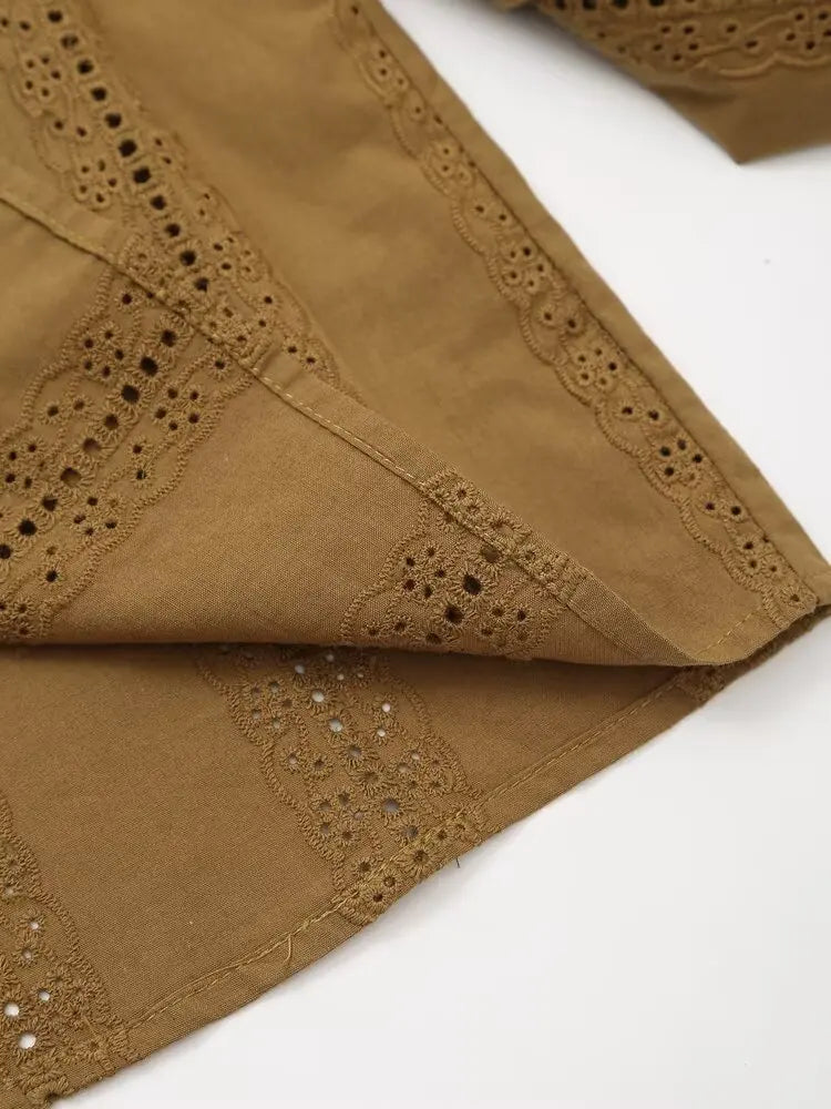 Womens Retro Casual Cotton Shirt Long Sleeve Embroidered Hollow Round Neck Lapel Top for Autumn