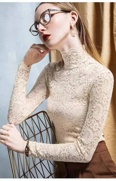 Thick and Thin Fleece Women's Long Sleeve High Neck Lace T-Shirt for Office and Casual Wear