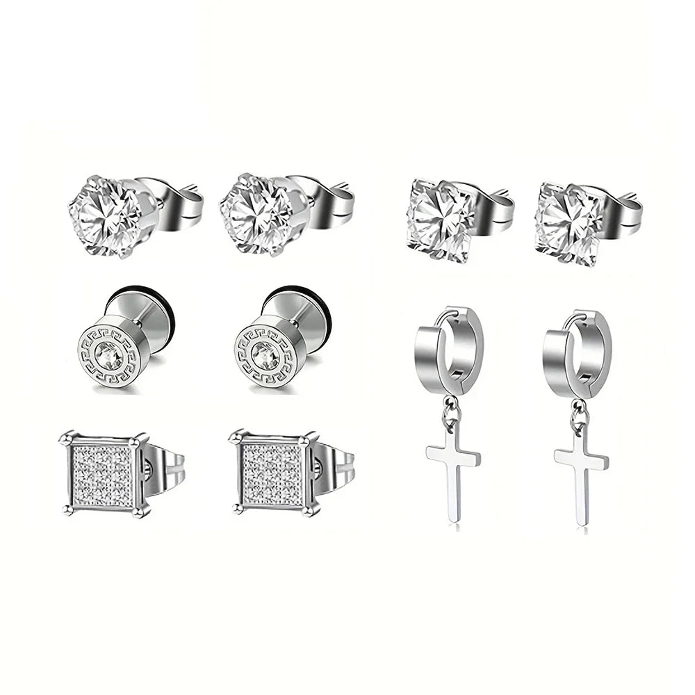 15 Pairs Stainless Steel Cross Dangle Earrings and Cubic Zirconia Stud Earrings for Men