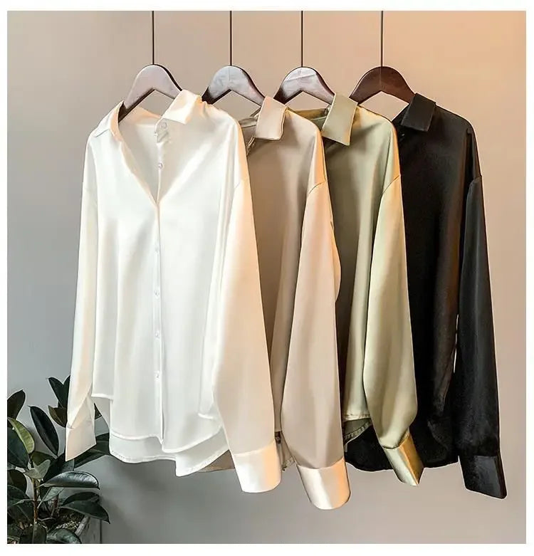 Long Sleeve Satin Shirt for Women Draped Retro Style Sun-Proof Lightweight Blouse Perfect for Spring and Summer All-Matching Fashion Top