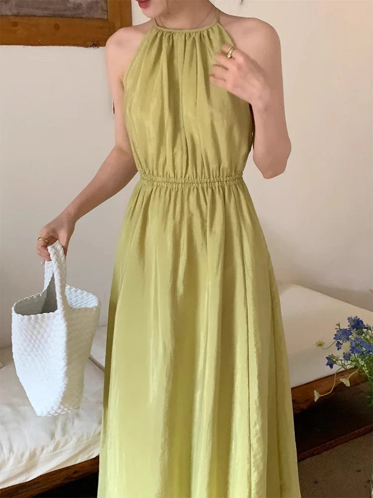 Elegant Y2K Halter Neck Dress Off Shoulder Hollow Waist
