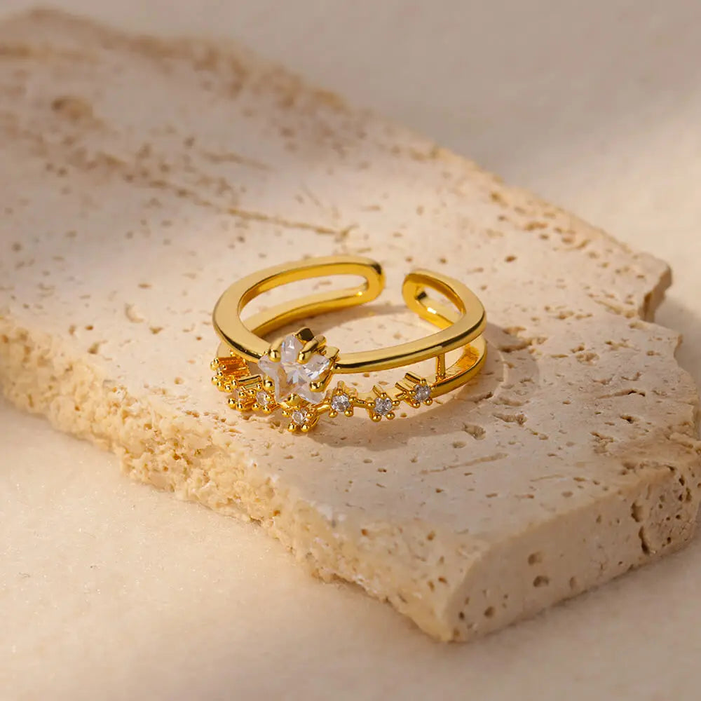 Zircon Geometric Heart Ring for Women in Gold Color Stainless Steel Luxury Jewelry Gift